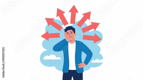 A cartoon man experiencing stress and anxiety with multiple arrows pointing outward from his head