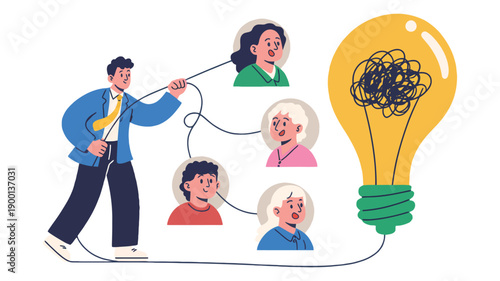 A man pulling strings connected to people's heads with a lightbulb filled with tangled wires representing a creative idea