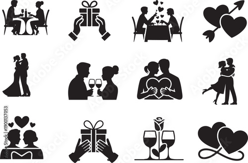 Canvastavla Romantic couple icons celebrating love with gifts, dining, and hearts, perfect f