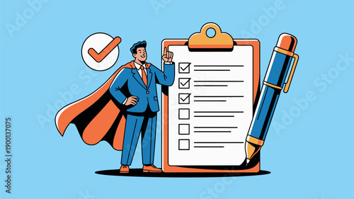 A cartoon businessman in a superhero cape stands confidently next to a clipboard with a checklist and a pen, symbolizing task completion and productivity.