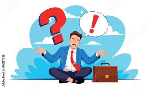 A confused businessman sitting in a meditative pose with a question mark and exclamation mark above him