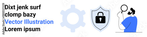 Cybersecurity, data protection, online safety, secure systems, internet privacy, and technology. Gear, lock shield person with magnifying glass. Cybersecurity and data protection concept