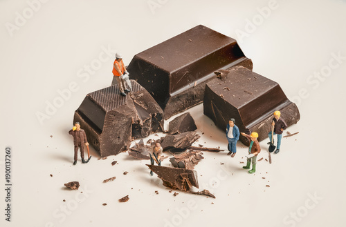Miniaturfiguren als Bauarbeiter auf Blockschokolade