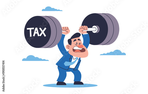 A cartoon businessman in a blue suit struggles to lift a heavy tax burden in the form of a large dumbbell.