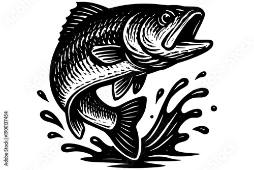 vector illustration of a fish,
Jumping Fish Woodcut Illustration, Retro Black Ink Vector