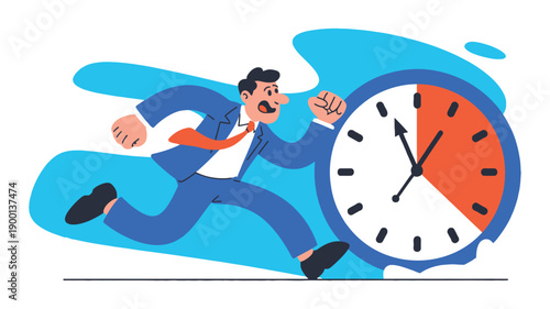 A cartoon businessman rushing to meet a deadline next to a large clock