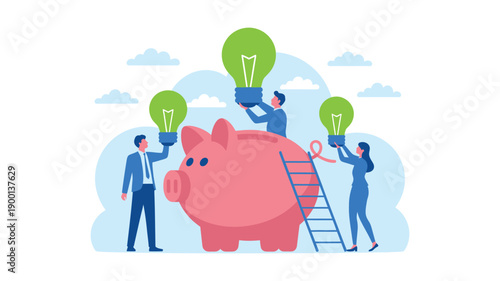 A group of businesspeople standing around a large pink piggy bank with lightbulbs, symbolizing innovative saving and investment ideas.