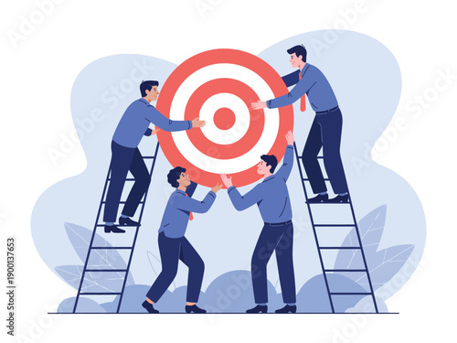 Four men working together to place a large target on ladders