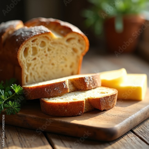 Close-up of sliced bread with butter on wooden board. Freshly baked loaf sits on rustic surface. Parsley sprig garnishes meal. Natural light illuminates food.