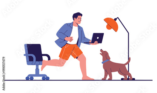 A man runs with a laptop while his dog looks on in a modern home office setting.