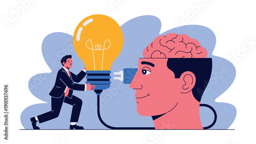 A cartoon illustration of a businessman putting a lightbulb into a man's brain to represent a creative idea or inspiration