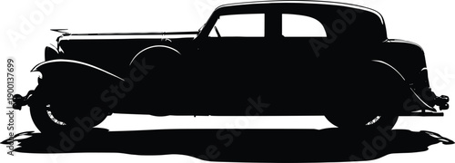 Classic vintage luxury sedan silhouette in black and white minimalist ink style isolated on white background with elegant retro 1930s automotive design and sleek profile