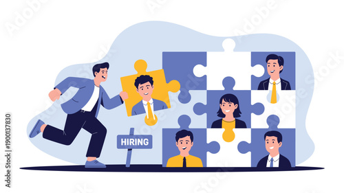A cartoon illustration of a man running to join a team of people completing a puzzle with a hiring sign