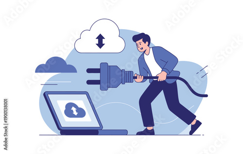 A man struggles to connect a large electrical plug to a laptop representing the challenges of cloud computing and data transfer