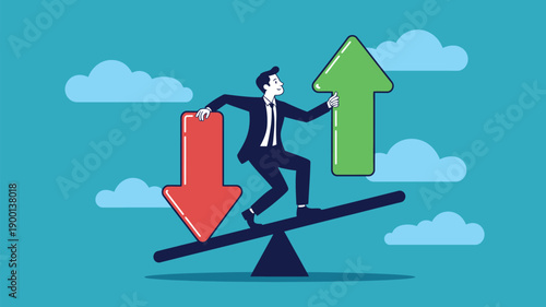 A businessman in a suit balancing on a seesaw with opposing red and green arrows in a cloudy sky