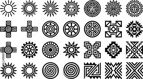 Collection of ancient tribal sun symbols ethnic geometric patterns and mystical sun face icons in black minimalist vector style for cultural design and spiritual projects