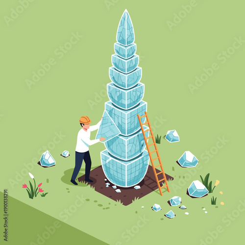 A person wearing virtual reality goggles interacts with complex, floating isometric blocks, illustrating concepts of digital creation, problem-solving, and building in the metaverse.