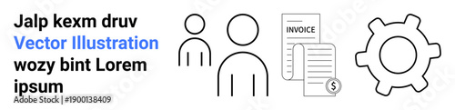 Business operations, teamwork, finance, process optimization, accounting, administrative tasks. Two people icons, invoice document gear symbol. Business operations and finance concept