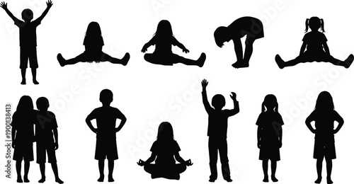 Black vector silhouette set of children playing sitting exercising and standing for concepts of childhood education family health and youth branding,