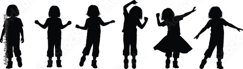 Black vector silhouette set of diverse children jumping dancing and playing for concepts of childhood education family health and youth branding,