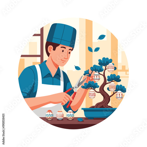 Person carefully pruning a bonsai tree adorned with beautifully decorated Easter eggs, blending tradition with horticulture.