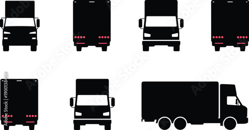 Delivery truck silhouette set showing front rear and side views isolated on white background for logistics transport design illustration