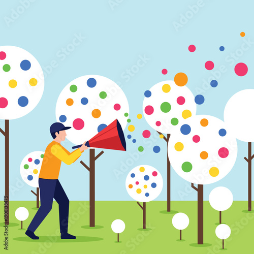 A junior and senior businessman collaborate to transform a simple sphere into a complex branded object, representing mentorship, business transformation, and creating value.