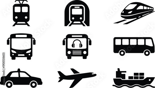 Collection of black silhouette vector icons representing public transport and global logistics including train, bus, taxi, airplane, and cargo ship for commercial travel designs.