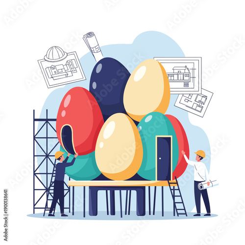 Two architects with blueprints oversee the construction of a modern housing project with colorful, egg-shaped buildings.