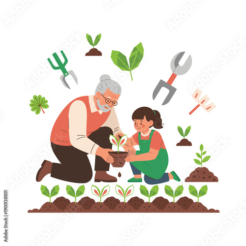 Loving grandfather teaches his granddaughter about gardening as they plant a small seedling together in a vegetable patch.