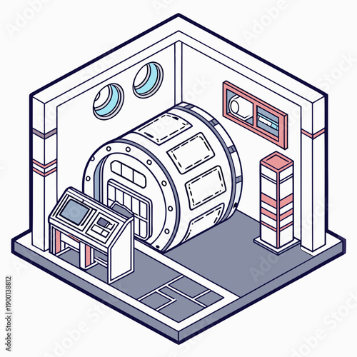 Isometric vector illustration of an AI-controlled space station core, showcasing advanced technology, futuristic architecture, and complex systems for space exploration.