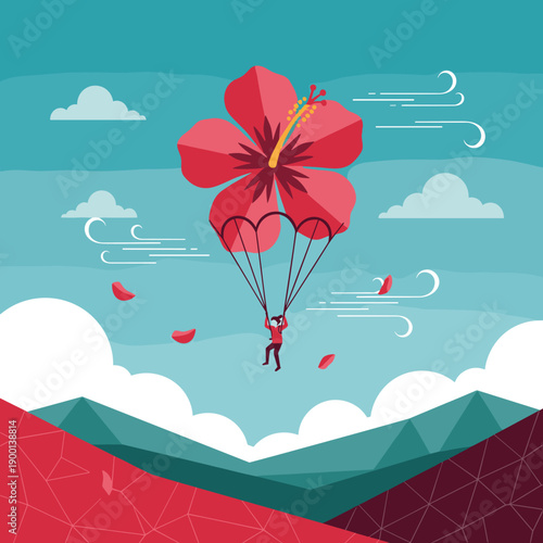 Adventurous person paragliding over scenic mountains using a large red hibiscus flower as a parachute in a surreal concept.