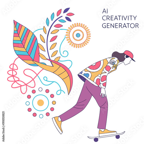 AI creativity generator forming vibrant abstract patterns and dynamic shapes, representing artificial intelligence in art, design, and innovative concept generation.