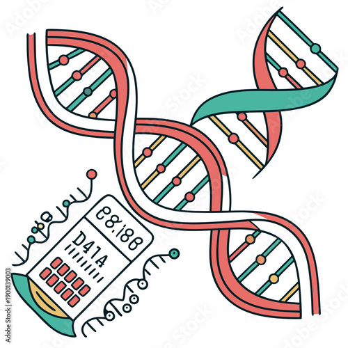 DNA based data storage system, abstract vector art representing the future of information technology and biological computing with genetic concepts.
