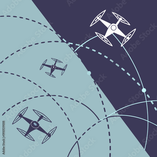 Drone swarm coordination system, abstract vector graphic representing synchronized aerial units in a network for advanced surveillance and logistics operations.