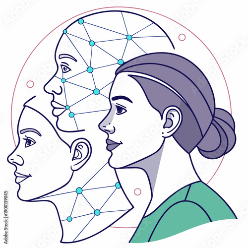 Emotion recognition AI, abstract human face analysis, artificial intelligence technology, digital sentiment detection, vector illustration