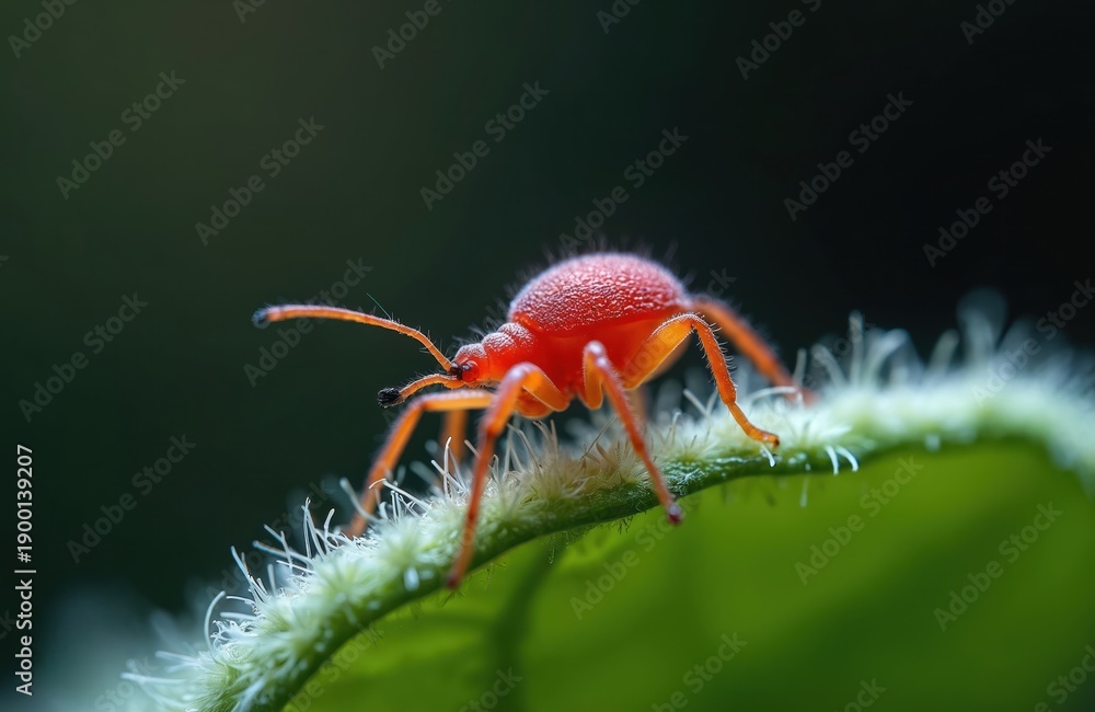 Obraz premium Red fuzzy insect crawls on green leaf with white hairs. Tiny creature on plant stem, extreme macro photography. Small bug in natural habitat, wild nature close-up.