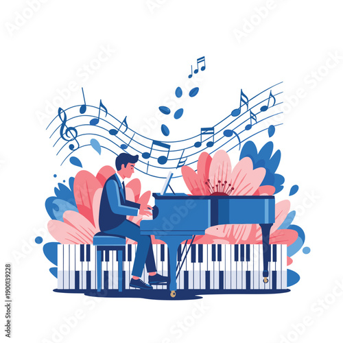 Musician passionately playing a grand piano as a symphony of colorful flowers and musical notes bursts forth from it.
