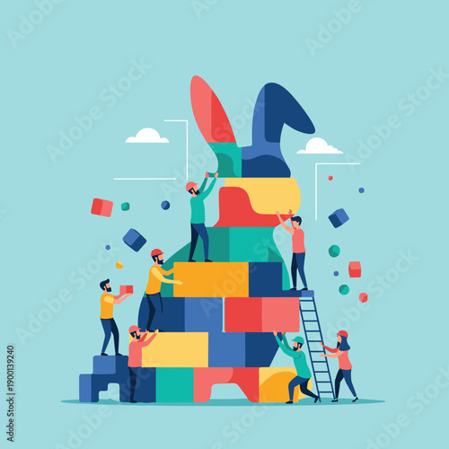 Team of builders collaborating to construct a giant, modern rabbit sculpture from large, colorful geometric blocks.