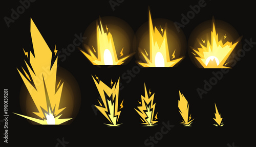An explosion or lightning strike effect. Animation of the effect. Frame-by-frame comic animation with an explosion effect, divided into separate scenes designed as a drawing.