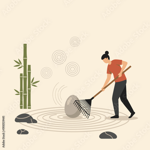 Person raking concentric circles into the sand of a tranquil zen garden around a large stone egg, creating harmony.