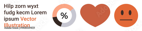 Analytics, feedback, emotions, survey results, customer engagement, data metrics. Visual includes a percentage chart, heart and neutral face. Analytics and feedback concepts