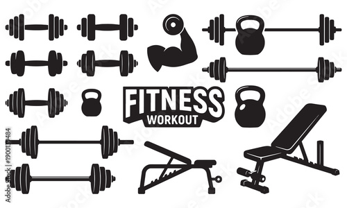 Fitness Workout Dumbbell Kettlebell Barbell Bench Vector Icons