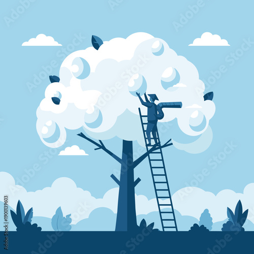 Person on a ladder harvesting precious, egg-like fruit from a surreal, cloud-like tree in a monochrome blue landscape.