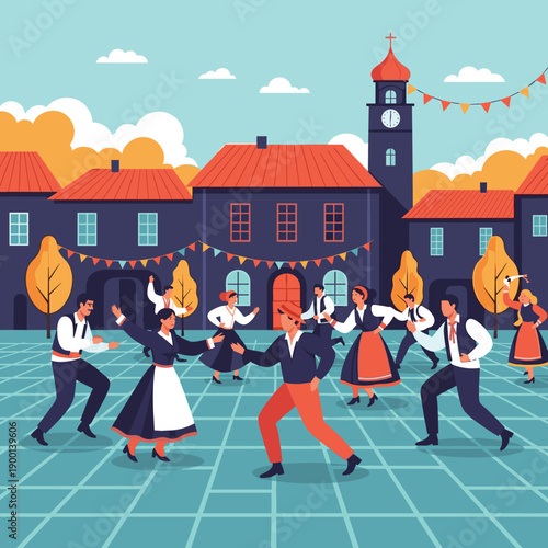 Couples in traditional folk costumes joyfully dance in the main square of a charming old town during a festival.