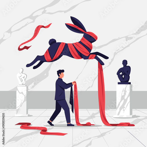 Artist in a modern museum gallery carefully wraps a dynamic leaping rabbit sculpture with a flowing red ribbon.