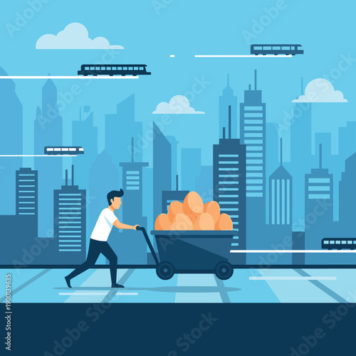 Man pushing a cart full of eggs along an elevated walkway in a futuristic city with flying vehicles.