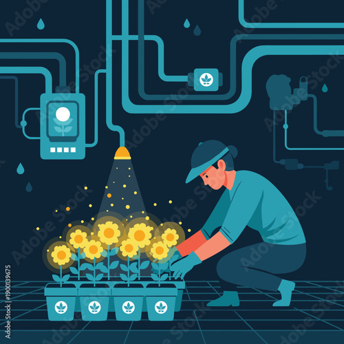 Gardener tends to glowing flowers under an artificial sun in a futuristic, high-tech indoor vertical farm environment.