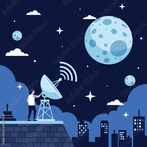 Person on a city rooftop at night operates a satellite dish, sending a signal to the moon and planets.