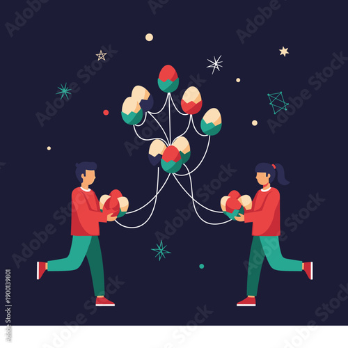 Boy and girl happily run together under a starry night sky, holding onto a floating chandelier of Easter egg balloons.